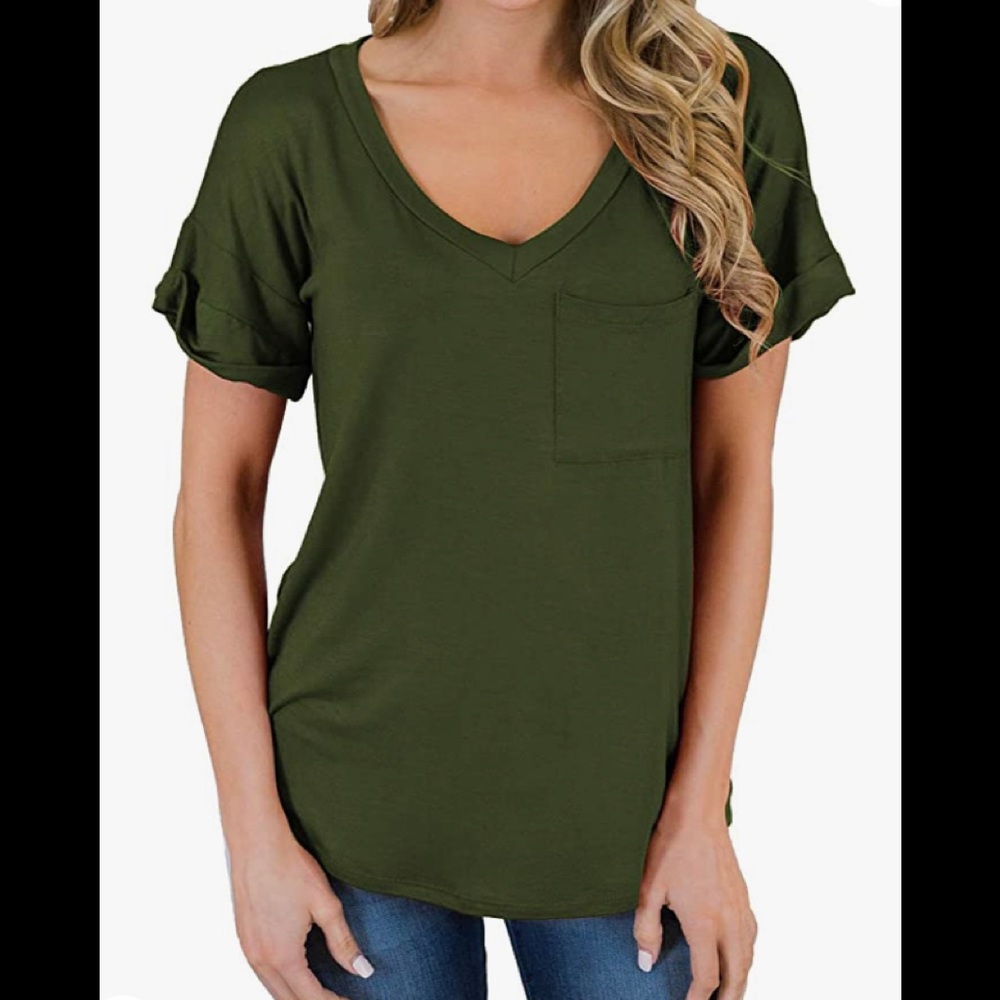 MIHOLL - Soft T-Shirt with V-Neck and folded sleeve- Hunter Green - XL